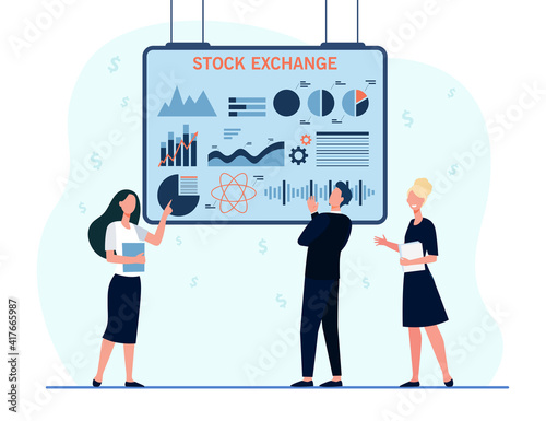 Financial brokers analyzing stock exchange graphs. Investors studying trading analytics. Flat vector illustration. Finance, investment, analysis concept for banner, website design or landing web page