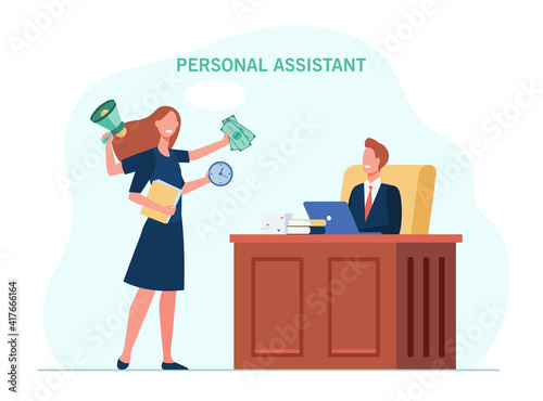 Leader working with personal assistant. Active multi armed secretary helping boss, politician, executive. Flat vector illustration. Assistance concept for banner, website design or landing web page