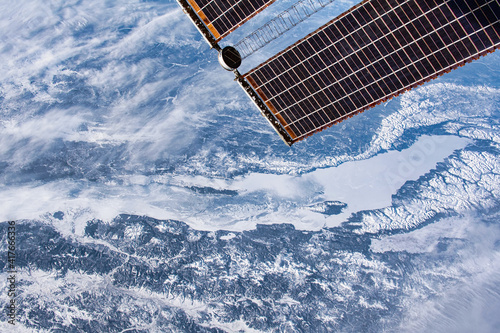 Fototapeta Naklejka Na Ścianę i Meble -  The frozen river over Mongolia. Digital Enhancement. Elements of this image furnished by NASA
