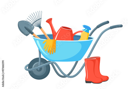Garden  wheelbarrow with tools vector illustration. Cartoon garden equipment isolated on white background. Bright watering can, boots, shovels, rakes
