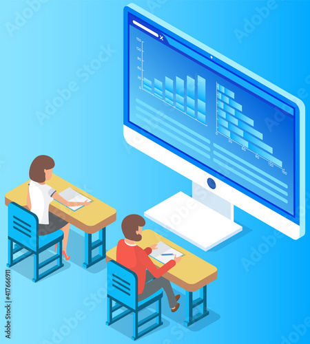 Business people working at desk analyzing financial statistics. Group of professional marketers studies information about metrics. Students sit with sheet of paper and writes data. Business analysis