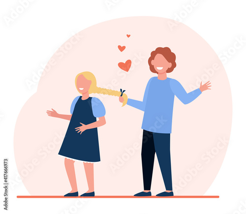 Boy in love pulling braid of hid girlfriend. Dating children, kids relationship. Flat vector illustration. Childhood, romance, friendship concept for banner, website design or landing web page