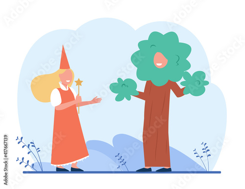 Kids in costumes playing roles at school performance. Children, actor, stage. Flat vector illustration. Show, theatre, dramatics concept for banner, website design or landing web page