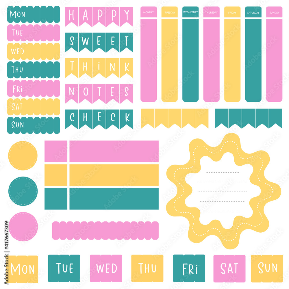 Cute paper notes in sweet color set. Printable planner stickers. Template for your message. Decorative planning element. Vector illustration. Cute paper notes in sweet color set. Printable planner stickers. Template for your message. Decorative planning element. Vector illustration.