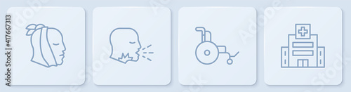 Set line Toothache, Wheelchair, Man coughing and Medical hospital building. White square button. Vector.