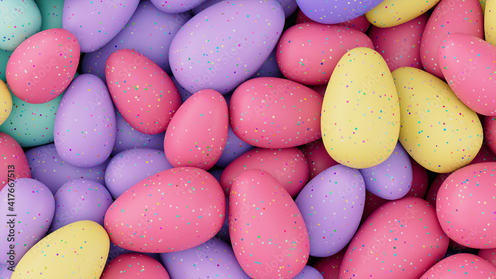Multicolored Easter Egg background. Beautiful Easter Wallpaper with, speckled Yellow, Pink and Purple Eggs. 3D Render Multicolored Easter Egg background. Beautiful Easter Wallpaper with, speckled Yellow, Pink and Purple Eggs. 3D Render