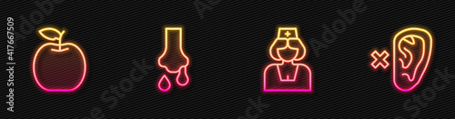 Set line Nurse, Apple, Runny nose and Deaf. Glowing neon icon. Vector.