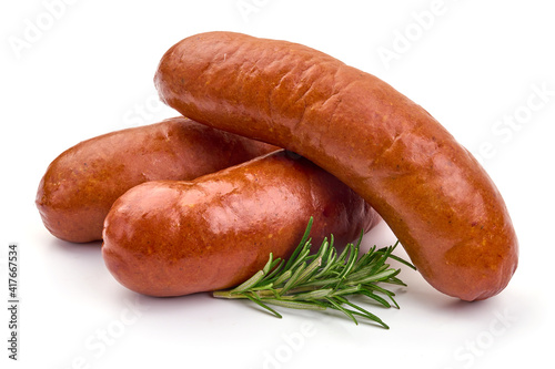Smoked German Sausages, isolated on white background. High resolution image