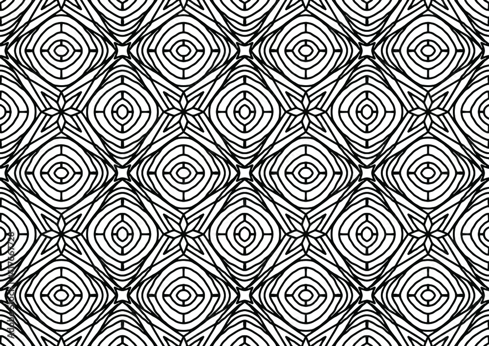 seamless tile with abstract flowers and circles drawn on a white background for coloring, vector, seamless pattern