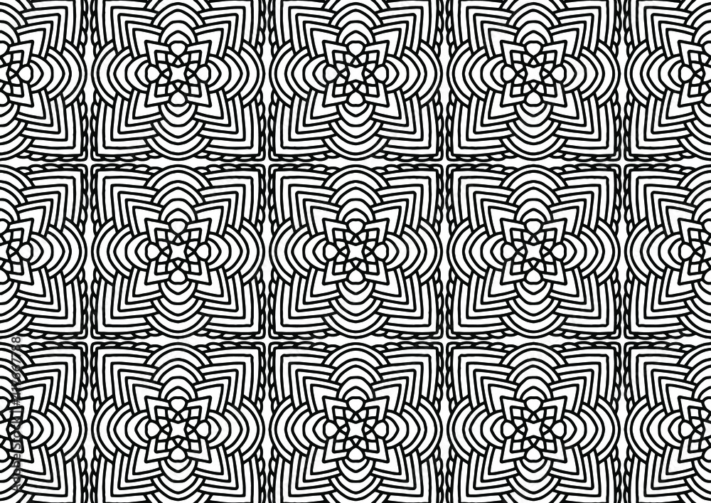 seamless tile drawn with linear ornaments in folk style on a white background for coloring, vector, seamless pattern