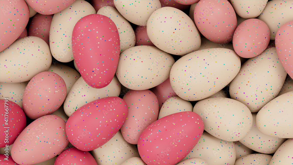 Multicolored Easter Egg background. Beautiful Easter Wallpaper with, speckled Pink and Cream Eggs. 3D Render 
