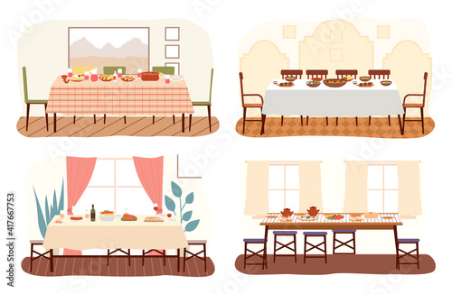 Set of dining room design flat vector. Dining table with food and chairs nearby. Furniture model for interior of a room for dinner eating and spending time. Arrangement of furniture at home for lunch