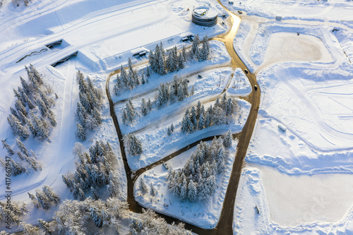 Aerial view of Ski Jump in Planica, Slovenia at Ratece near Kranjska gora in winter with snow. photo