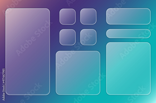 Set of transparent plates with place for text in trendy style glassmorphism or frosted glass on abstract multicolor background. For sites, applications, wallpapers. Vector illustration