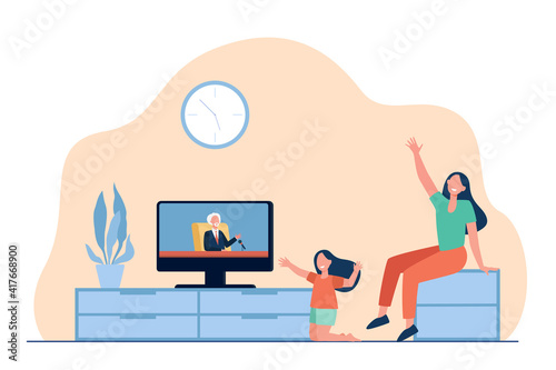 People celebrating accomplished election campaign. Folk welcoming new president at TV. Flat vector illustration. National holiday, patriots concept for banner, website design or landing web page