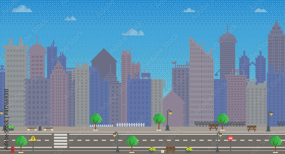 Empty city vector illustration. City downtown landscape with skyscraper silhouettes. Design for mobile app, computer game. Low-rise apartment buildings on background of sky. Modern town architecture