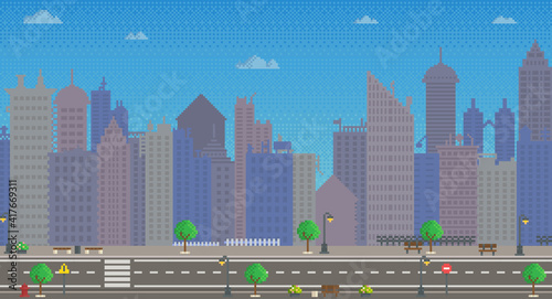 Empty city vector illustration. City downtown landscape with skyscraper silhouettes. Design for mobile app, computer game. Low-rise apartment buildings on background of sky. Modern town architecture