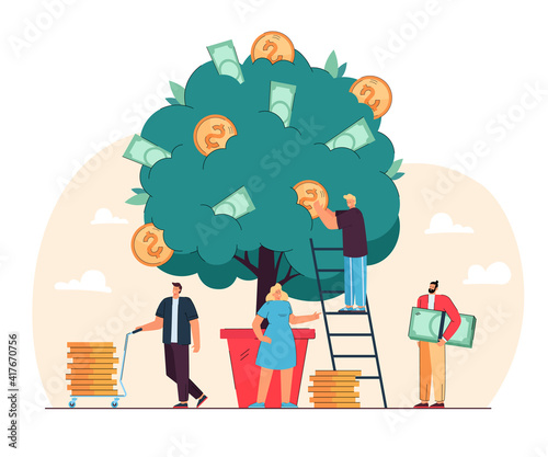 Happy tiny people growing money tree isolated flat vector illustration. Cartoon characters investing finances for revenue growth. Business prosperity, wealth and agriculture concept