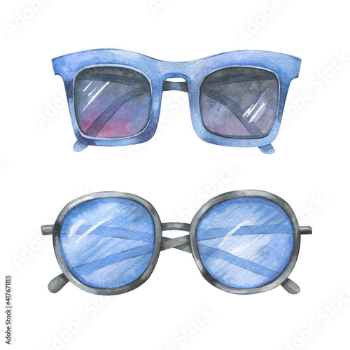 Designer sunglasses with blue lenses. Watercolor drawing. Isolated objects on a white background.