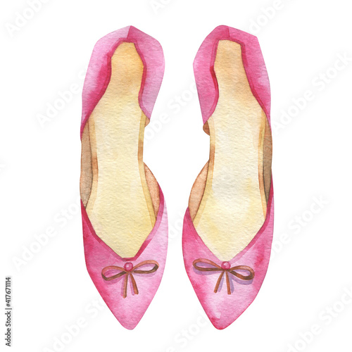 Women's pink pumps without heels with small bows. Watercolor drawing.