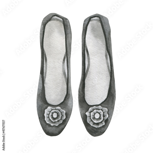 Women's black pumps without heels with small flowers. Watercolor drawing.