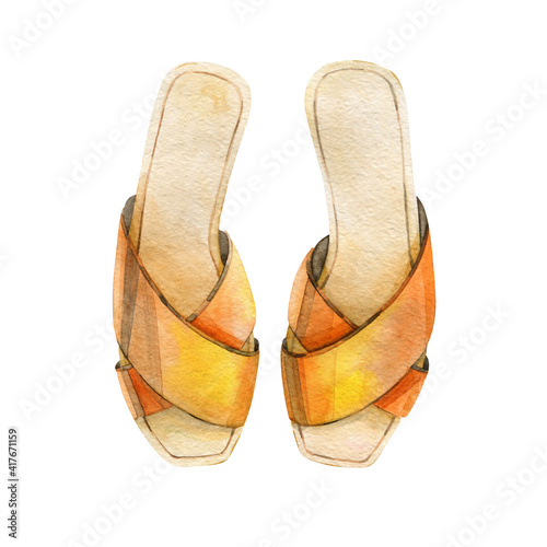 Women's yellow sandals without heels for a walk on the beach. Watercolor drawing.