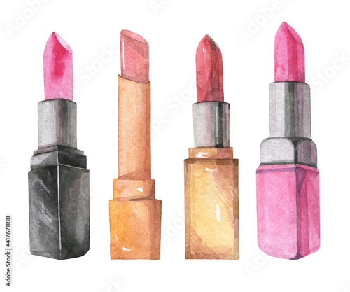 Lipstick set. Watercolor drawing. Decorative cosmetics.
