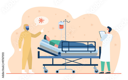 Doctors giving treatment to covid patient. Medical professionals in protective masks and costume. Flat vector illustration. Coronavirus hospital concept for banner, website design or landing web page