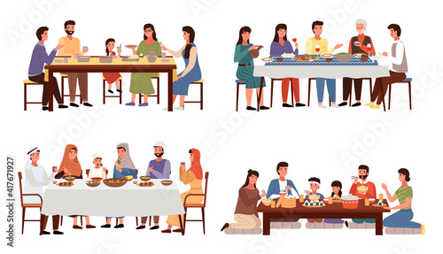 Set of theme of people having family dinner in traditional styles of countries of world. Cartoon characters in national costumes taste dishes vector illustration. Family gathering around dining table