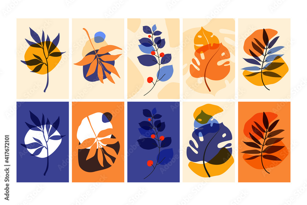 Fototapeta premium Set of compositions with leaves. Trendy collage for design in an ecological style. Vector illustrations for postcard or brochure design. Flat.