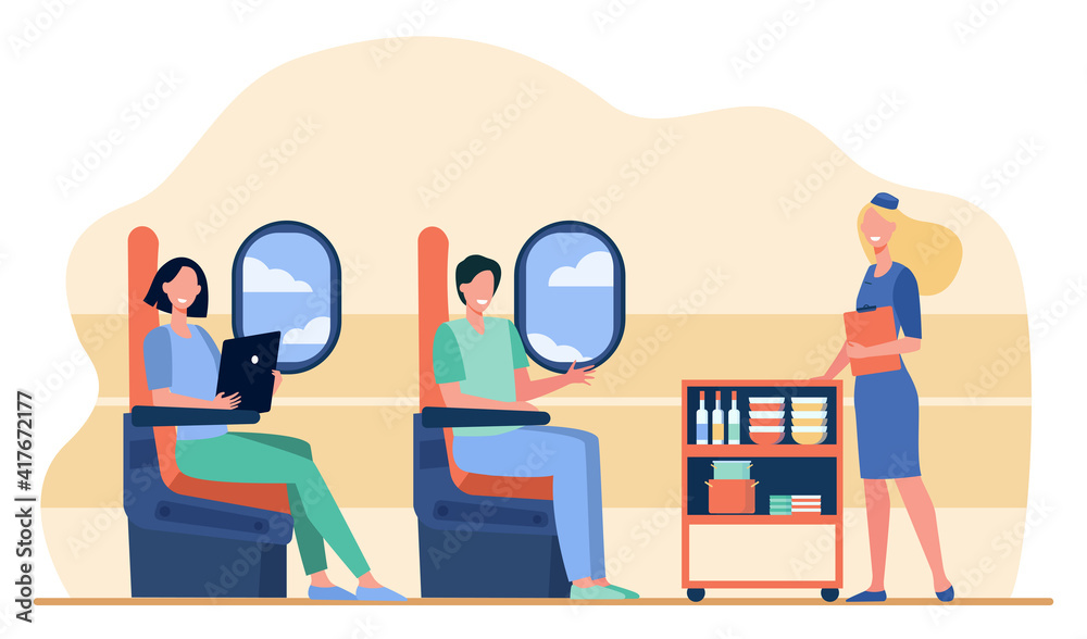 Tourists traveling by plane. Stewardess delivering food to airplane passengers. Flat vector illustration. Trip, transport, transportation concept for banner, website design or landing web page