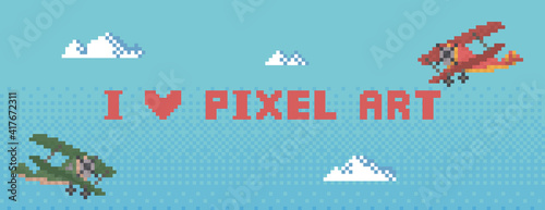 Title I love pixel art flat vector illustration. Retro 8-bit game logo and interface design layout. Air transport flying in sky. Colored propeller helicopters for video game. Pixel art image