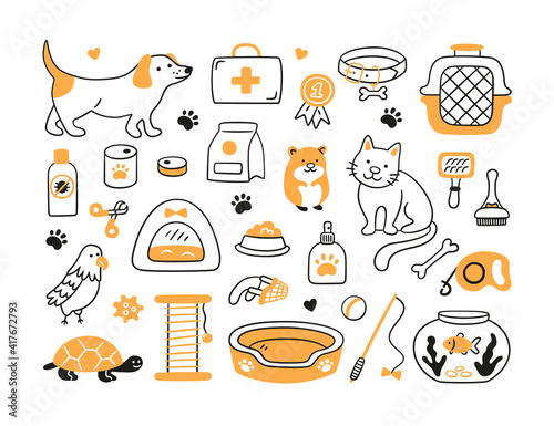 Hand drawn set for pet shop and veterinary clinic. Pets, food, toys, and grooming accessories. Vector illustration in doodle style on white background