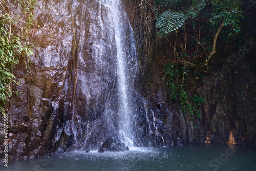 Tropical freshness. Jungle waterfall. Wet rock.