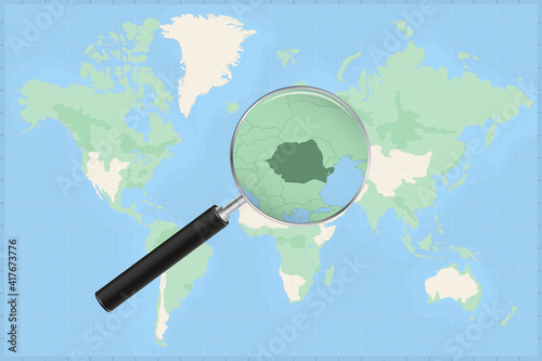 Map of the world with a magnifying glass on a map of Romania.