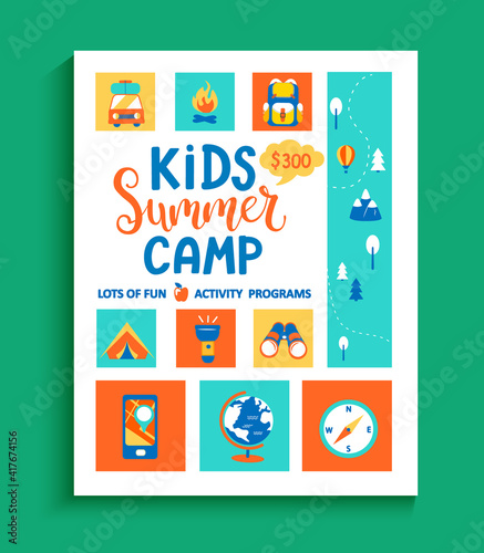 Banner for the Kids Summer camp, concept with handdrawn lettering and camping and travelling equipment, tent, backpack and others in flat style, lots of fun and activity programs. Vector illustration.