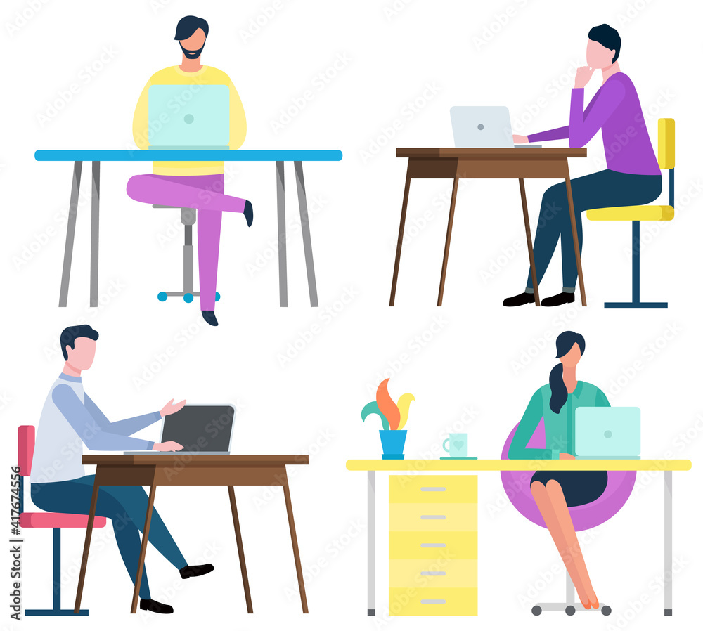 Woman working on laptop vector, people in office or at home. Man with computer looking at screen of device, character with house plant on table workplace Woman working on laptop vector, people in office or at home. Man with computer looking at screen of device, character with house plant on table workplace