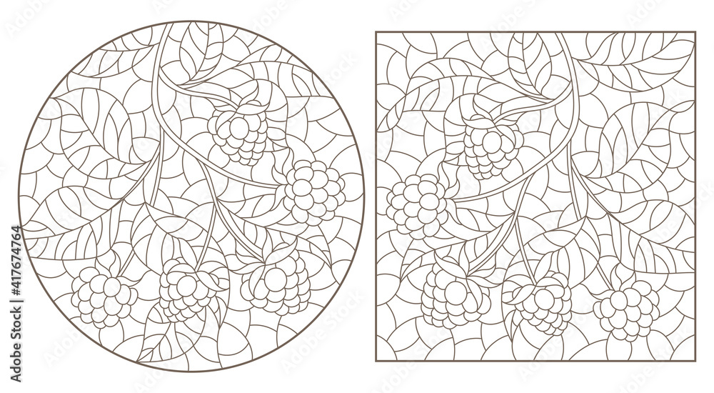 Set of contour illustrations of stained glass windows with branches with berries and leaves, dark outlines on a white background