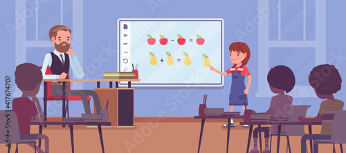 Interactive white board, smartboard learning and presentation for school. Girl standing at touchscreen in front of classroom, doing math adding and subtracting. Vector flat style cartoon illustration