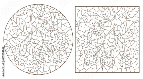 Set of contour illustrations of stained glass windows with branches with berries and leaves, dark outlines on a white background