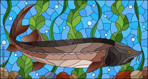 Illustration in stained glass style with beluga fish on the background of algae, air bubbles and water
