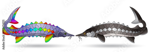 A stained glass illustration with abstract sturgeon fishes isolated on a white background