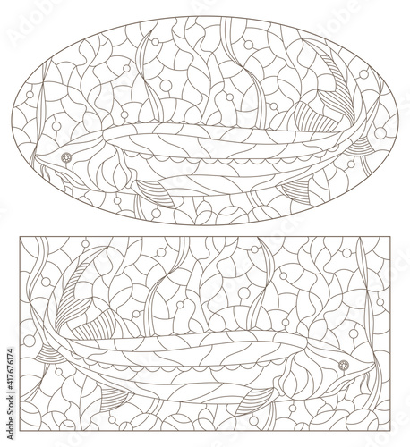 Set of contour illustrations in stained glass style with beluga fishes, dark outlines on a white background