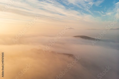 Above view La Manga city during heavy fog misty weather. Spain
