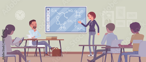 Interactive whiteboard, smart board learning and presentation for university. Girl standing at touchscreen in front of classroom, explaining lesson for students. Vector flat style cartoon illustration