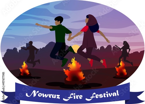 Background Nowruz fire festival.  Couple jumping over fire.