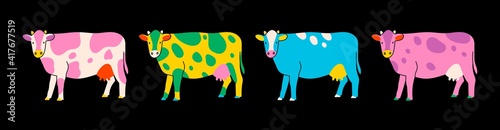 Set of four Cows standing and looking in camera. Hand drawn colored trendy Vector illustration. Funny characters. Cartoon style. Flat design. Abstract colors. Isolated on black background