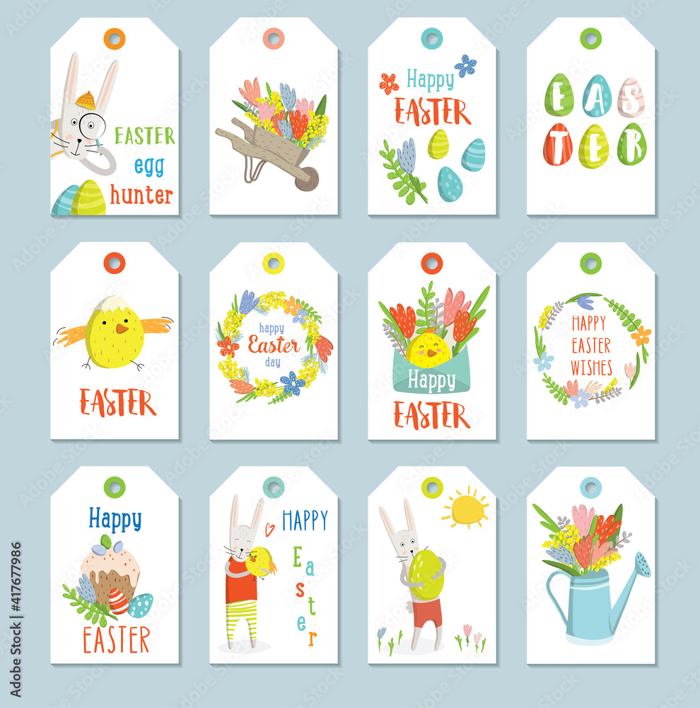 Set of Easter gift tags and labels with cute cartoon characters and type design . Easter greetings with bunny, chickens, eggs and flowers. Cute design. Spring mood. Vector illustration.