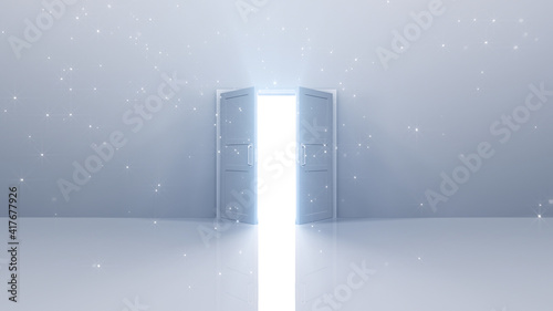 Door Opening to the brilliant Future  way to Heaven and Success. 3D illustration.