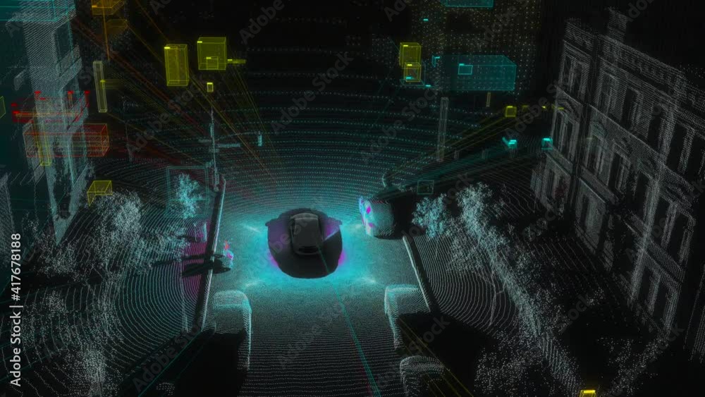 Concept of Self-driving car vision. Artificial intelligence training in detect objects